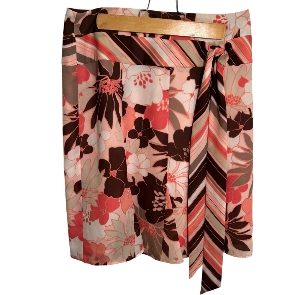 Vintage Loft Women's Sz 2 A-Line Skirt Brown Pink Floral Striped Flowy Tie Waist